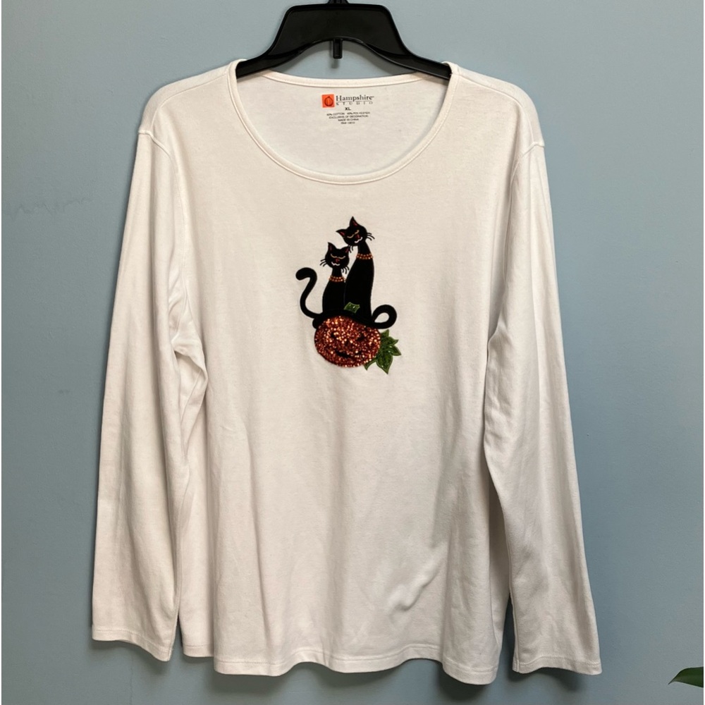 🎃Hampshire Women’s XL Halloween Long Sleeve Tee Shirt Pumpkin Black Cats Sequins